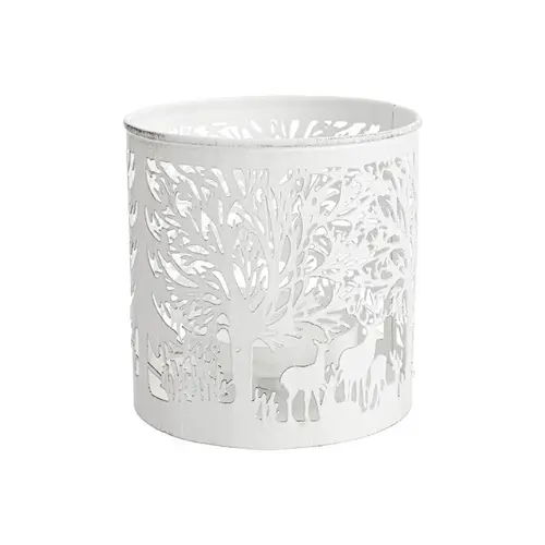 Qualité au jardin：Lanterne à décor forêt en métal blanc ajouré - Ø 17,5 x H 21,5 cm