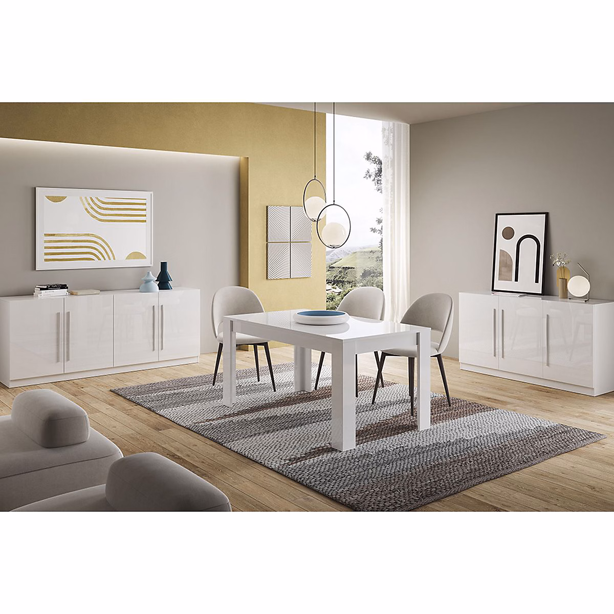 CLARK – Ensemble Séjour Laqué Blanc Table 160cm + Buffets 3 et 4 Portes