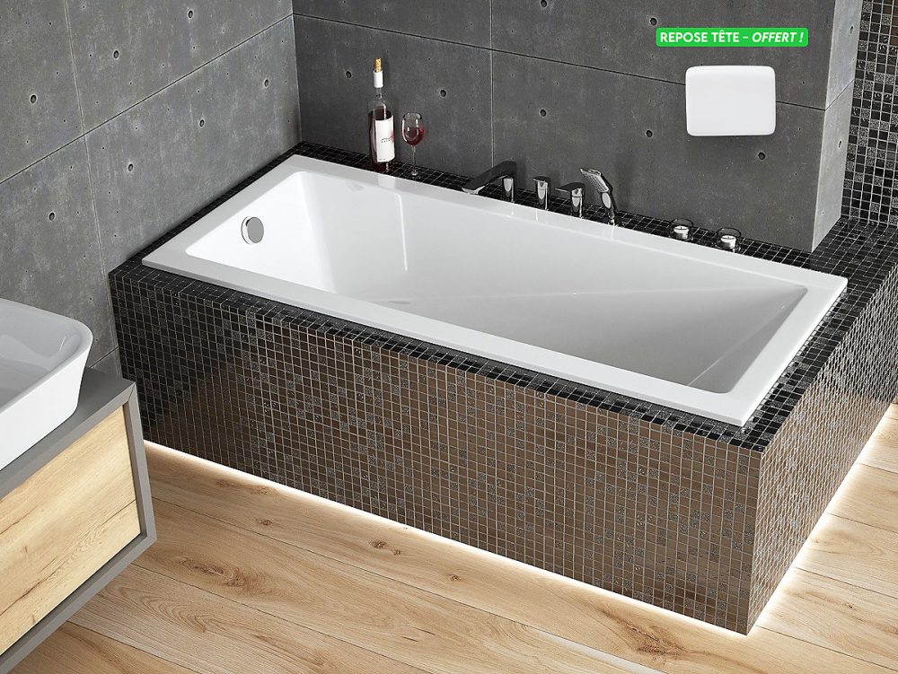 Baignoire rectangulaire blanche à encastrer + repose tête – MODERN SLIM, 160 × 70 cm