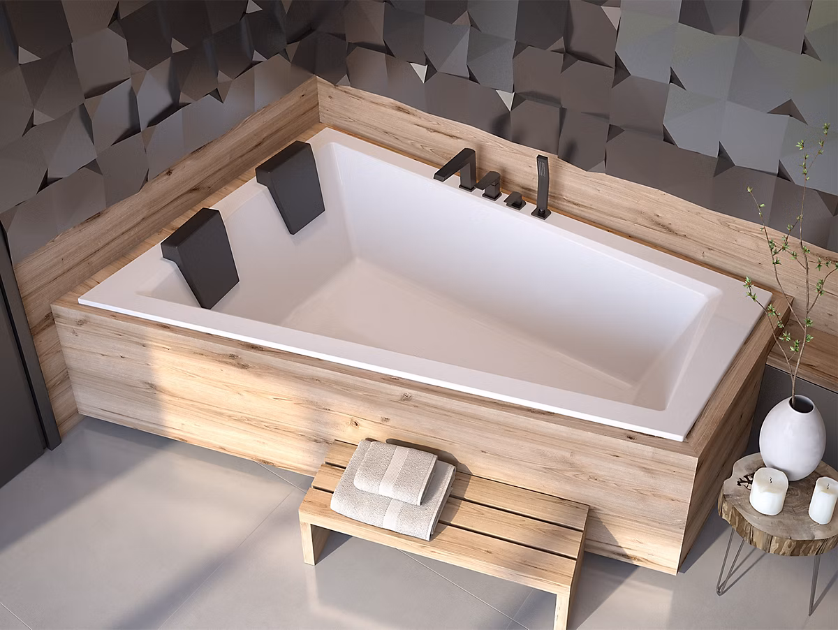 Baignoire asymétrique 170 × 125 Gauche INTIMA SLIM acrylique blanc + Habillage en polystyrène +Repose Tête + Pieds + Vidage à chromé