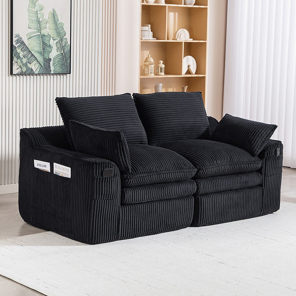 Canapé 2 places modulaire – noir,avec coussins et poches latérales