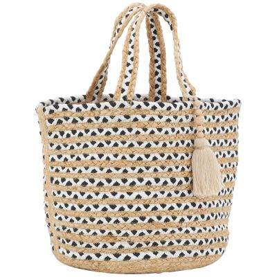 Sac en jute noir et blanc Indi avec pompon