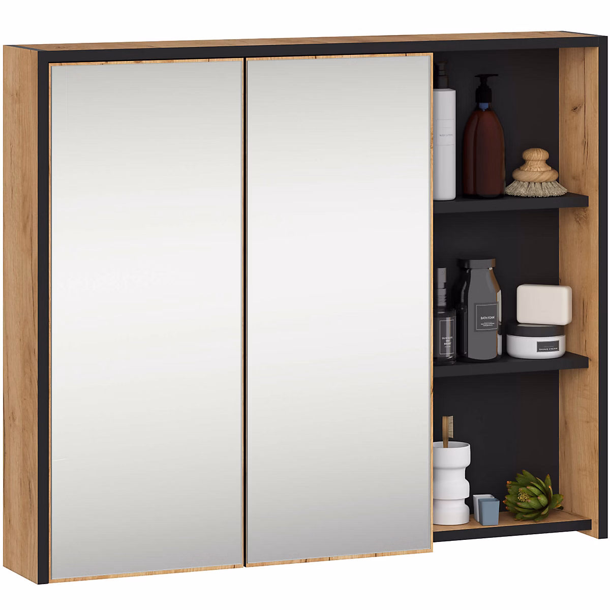 Armoire salle de bains VAMI suspendu avec miroir Chêne Craft 90 cm 2 portes façade Noire 6 étagères 90 × 15 × 75 cm