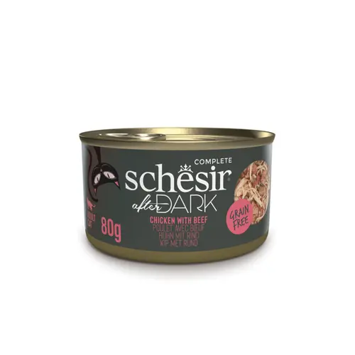 Choix extérieur：Alimentation humide pour chat filets en bouillon poulet avec bœuf Schesir After Dark - boîte de 80 g