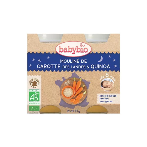 L’essentiel pour l’extérieur:Mouliné de carotte des Landes et quinoa bonne nuit Babybio 2 x 200 g