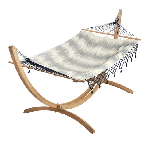 Pour équiper le jardin:Set support et hamac EsKapade coloris rayé marine à franges bleues en bois et polypropylène Jobek Hamacs - 323 x 125 x 128 cm