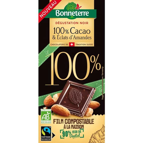 Pour votre confort au jardin:Tablette de chocolat 100 % cacao et amandes bio Bonneterre - 90 g