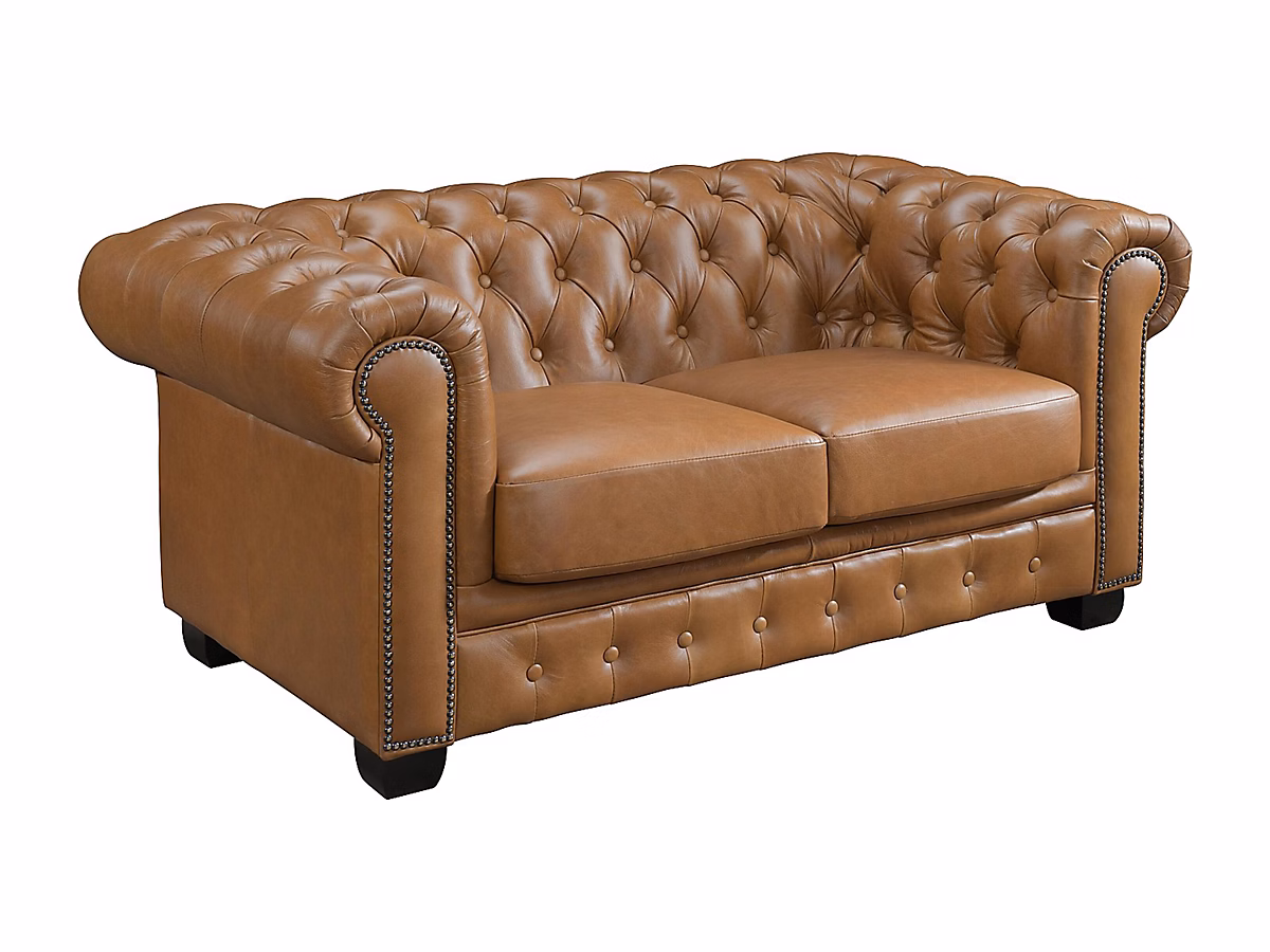 Canapé chesterfield 2 places BRENTON 100% cuir de buffle premium – Caramel vintage
