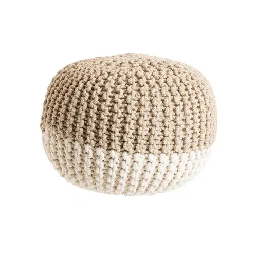 Nature facile:Pouf rond tricoté main en coton et jute beige et blanc - Ø 50 x H 35 cm