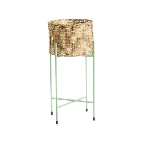 Jardin choix:Porte-plante rond en osier avec socle pliant en métal vert grand modèle - Ø 29,5 x H 60 cm
