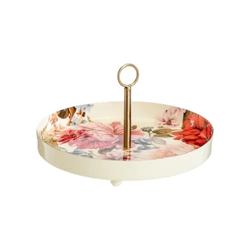 Malin au jardin:Plateau rond fleuri multicolore avec poignée en métal - Ø 26 x H 6 cm