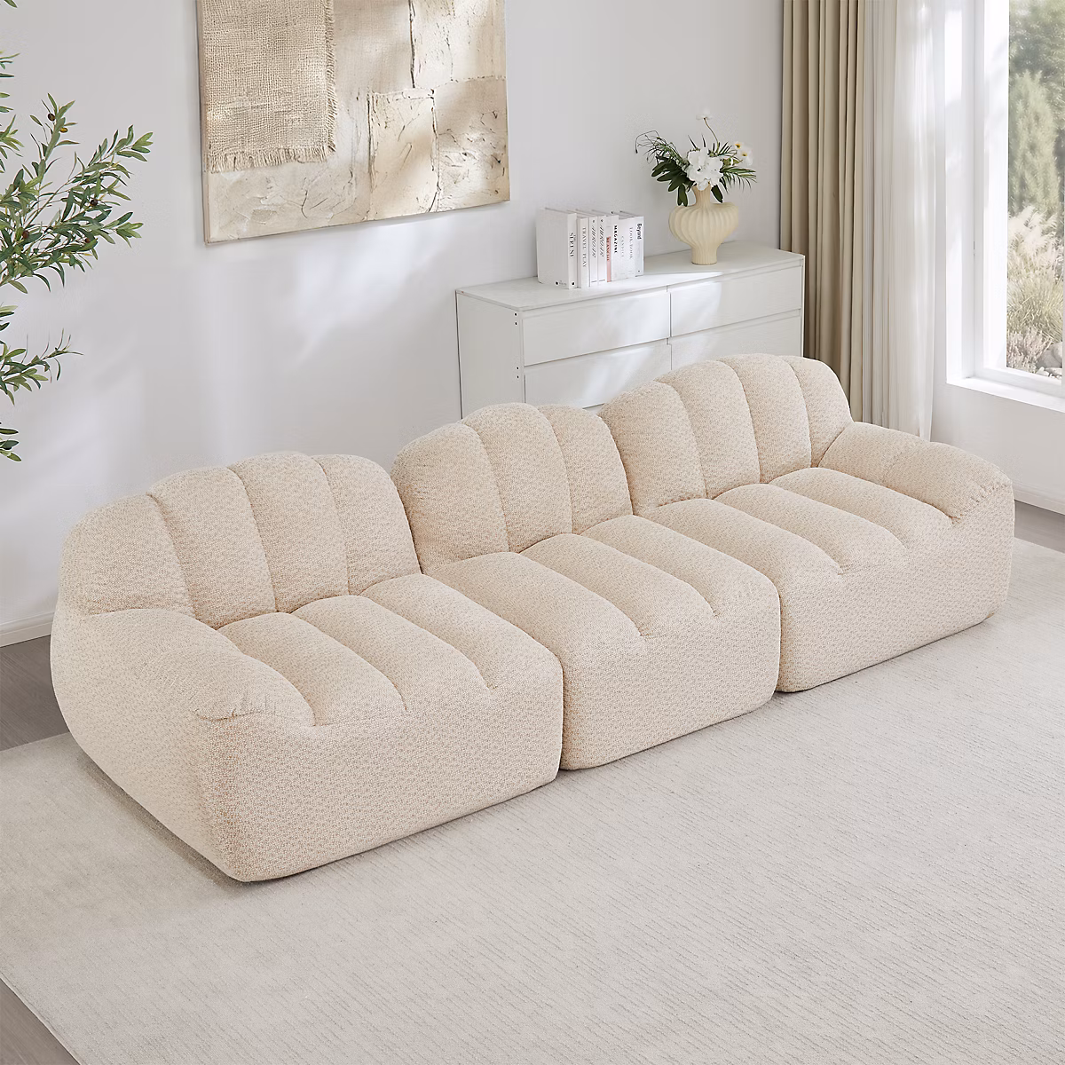 Canapé modulaire 3 places | Beige Blanc – Design sans os en mousse haute densité 32D – assise profonde
