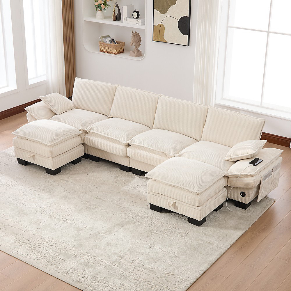 Canapé modulaire 4 places – 2 tabourets | beige | large assise | ergonomique | rembourrage haute densité | ports USB | C
