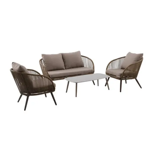 Pour vos moments au jardin：Salon de jardin en résine tressée coloris beige Anah - 4 éléments (canapé, table basse et deux fauteuils)