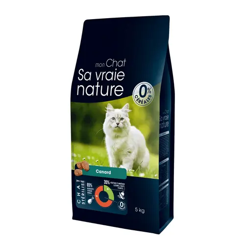 Sélection pour vos extérieurs：Croquettes sans céréales pour chat stérilisé au canard Sa Vraie Nature - 5 kg