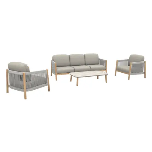 Jardin durable：Salon de jardin en aluminium et résine coloris beige Dériveur - 4 éléments (canapé, table basse et deux fauteuils)
