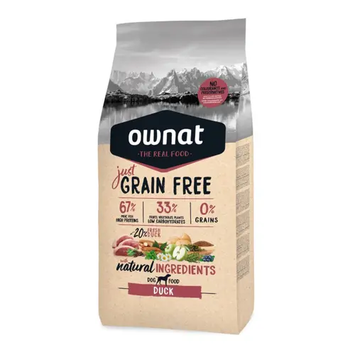 Pour plus de praticité à l’extérieur:Croquette pour chien adulte Just Grain Free sans céréale au canard Ownat -14 kg