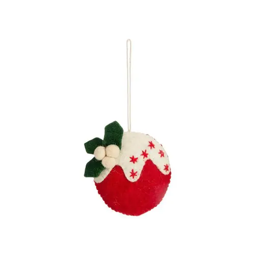 Côté jardin：Décoration à suspendre boule enneigée en feutrine rouge, blanc et vert - 3,7 x 5 cm