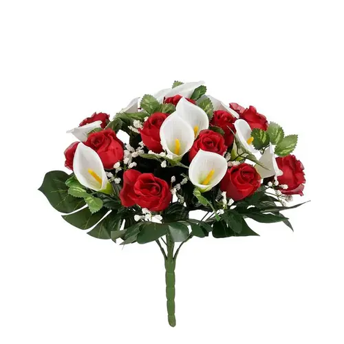 Espace vert sélection：Bouquet artificiel de rose rouges et Lys blancs - Ø 33 x H 36 cm