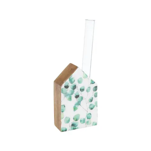Pour vos espaces：Soliflore avec maison en bois à décor de feuillage vert et blanc - 14 x 13 x 8 cm