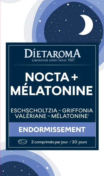 Une idée pratique pour le jardin:Complément alimentaire eschscholtzia, griffonia, valériane, mélatonine endormissement nocta + mélatonine Dietaroma - 40 comprimés