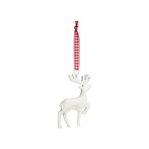 Pour donner du style à l’extérieur：Décoration à suspendre renne en métal blanc avec nœud vichy rouge - 10 x 7 cm