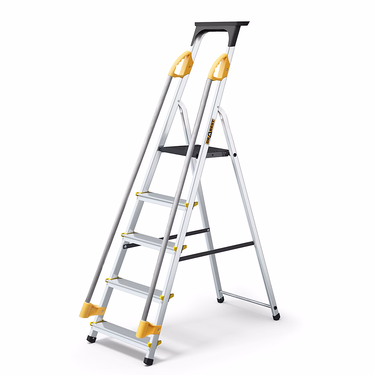 Échelle simple face en aluminium PRO DRABEST 5 marches avec étagère et mains courantes – capacité de charge 150 kg | 1 pièce.
