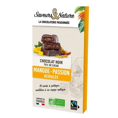 Ambiance jardin:18 carrés fourrés mangue-passion chocolat noir bio Saveurs et Nature - 80 g