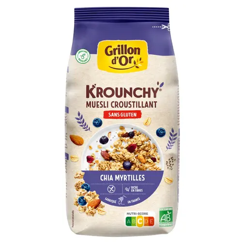 Essentiel maison：Krounchy Chia myrtilles avoine sans gluten bio Grillon d'or - 500 g