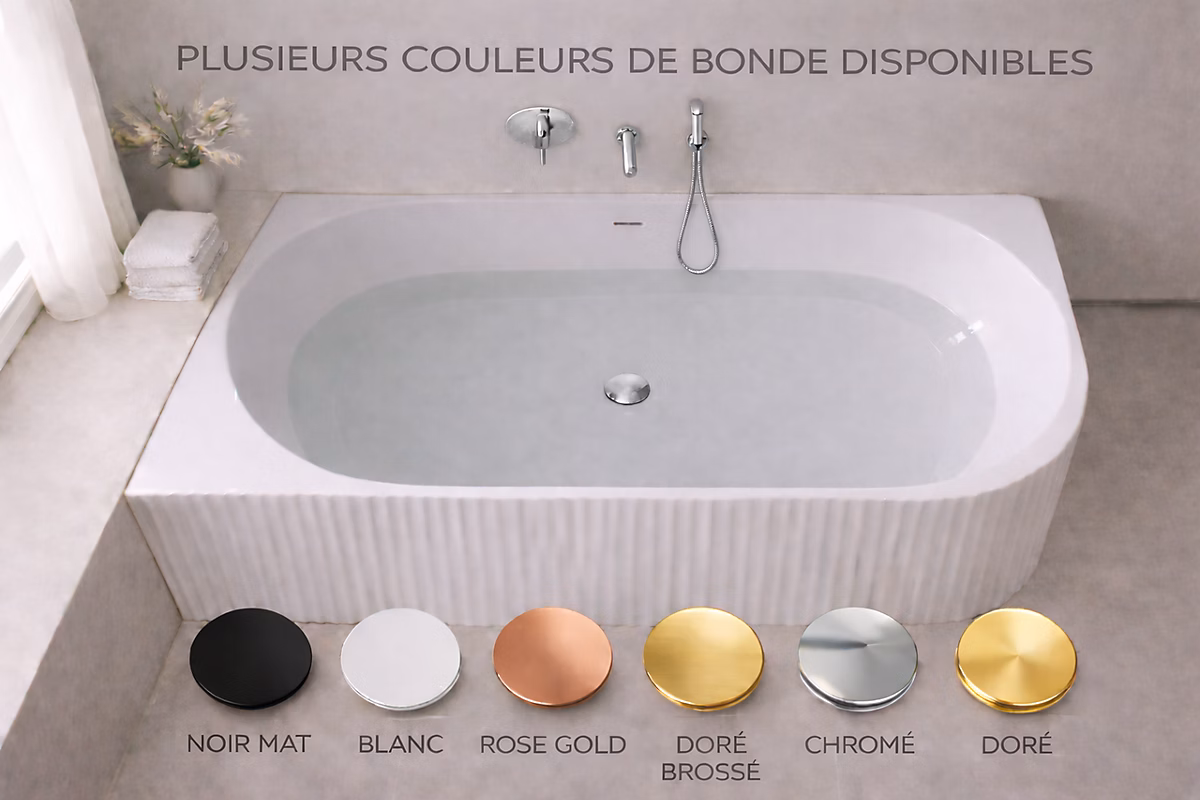Baignoire d'angle gauche avec bonde chrome – 170 × 75 cm, Blanc brillant rainuré, PERLE
