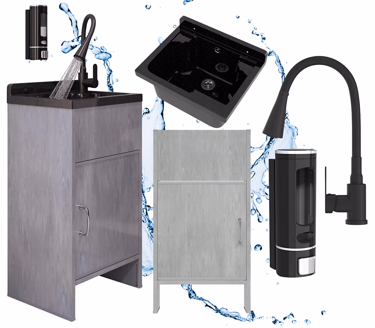Ensemble complet lavabo Zinken Granitan Loma avec meuble PVC – siphon | robinet et distributeur de savon