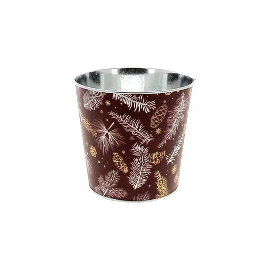 Extérieur nature：Cache pot en métal rouge à motifs Pin - Ø 13,5 x H 12 cm