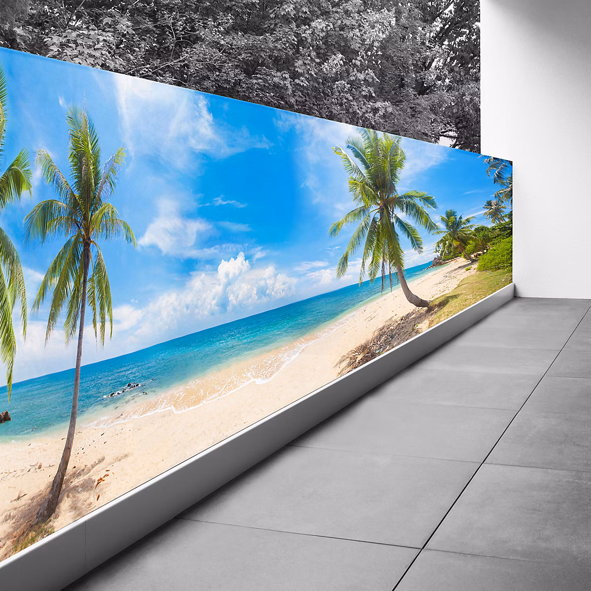 Brise vue Trompe l'oeil – 80 × 300 cm, Plage mer palmiers 3617689698830