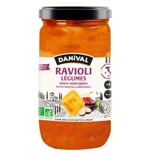 Pour la maison et l’extérieur：Ravioli légumes sauce aubergine en Bocal Danival - 670 g