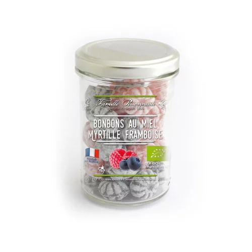 Choix au jardin：Bonbons bio au miel, à la myrtille et la framboise en pot de 150 g