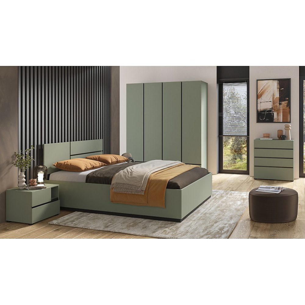 Chambre complète HAVANA Coloris vert sauge et noir Armoire – lit 160 × 200, commode et chevets Design moderne