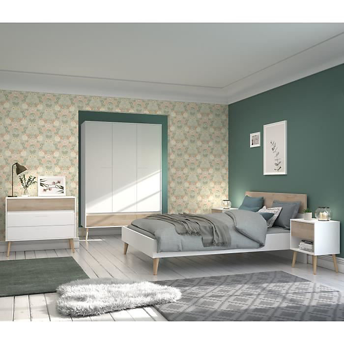 Chambre complete – AALBORG, Scandinave, Blanc / Chene, Lit 140 × 190 cm, 2 chevets, commode, armoire, PARISOT