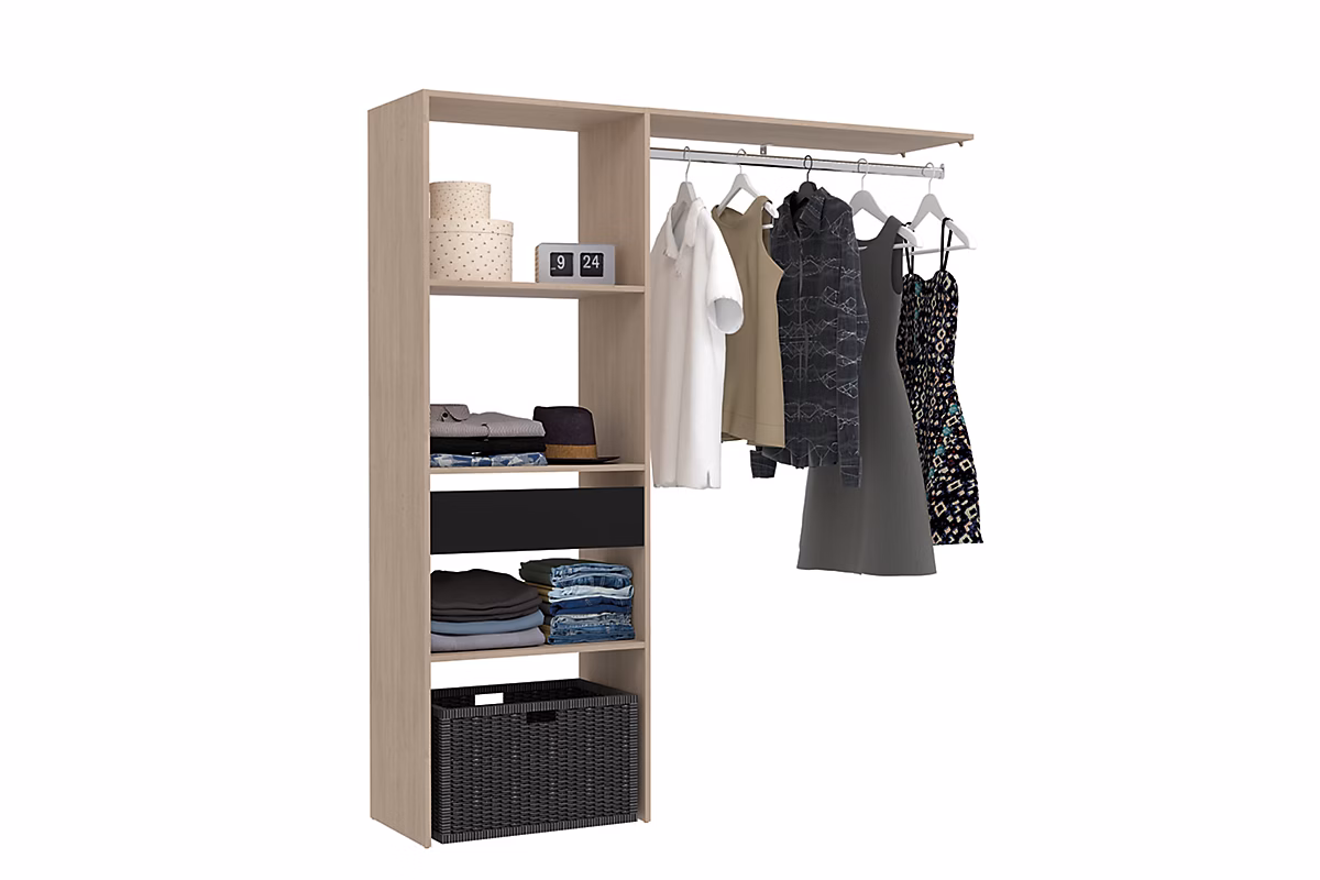Dressing bois avec 3 étagères 1 tiroir et une penderie : 160 × 40 × 180 cm ELYSEE