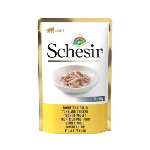 Maison et extérieur:Aliment humide pour chat thon avec filets de poulet sachet en gelée Schesir - 85 g