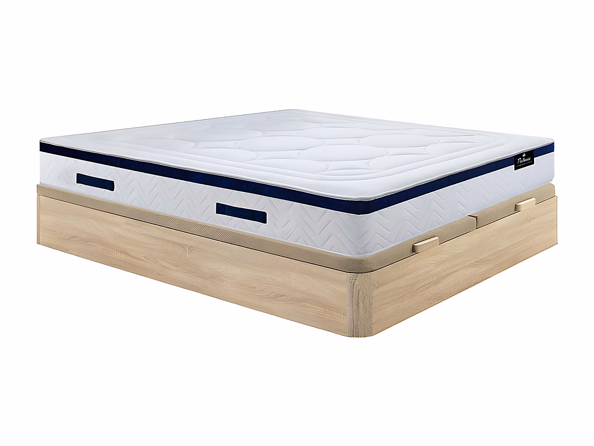 Ensemble 180 × 200 cm sommier coffre naturel clair + matelas hybride ressorts ensachés ép.30cm – MARQUIS de PALACIO