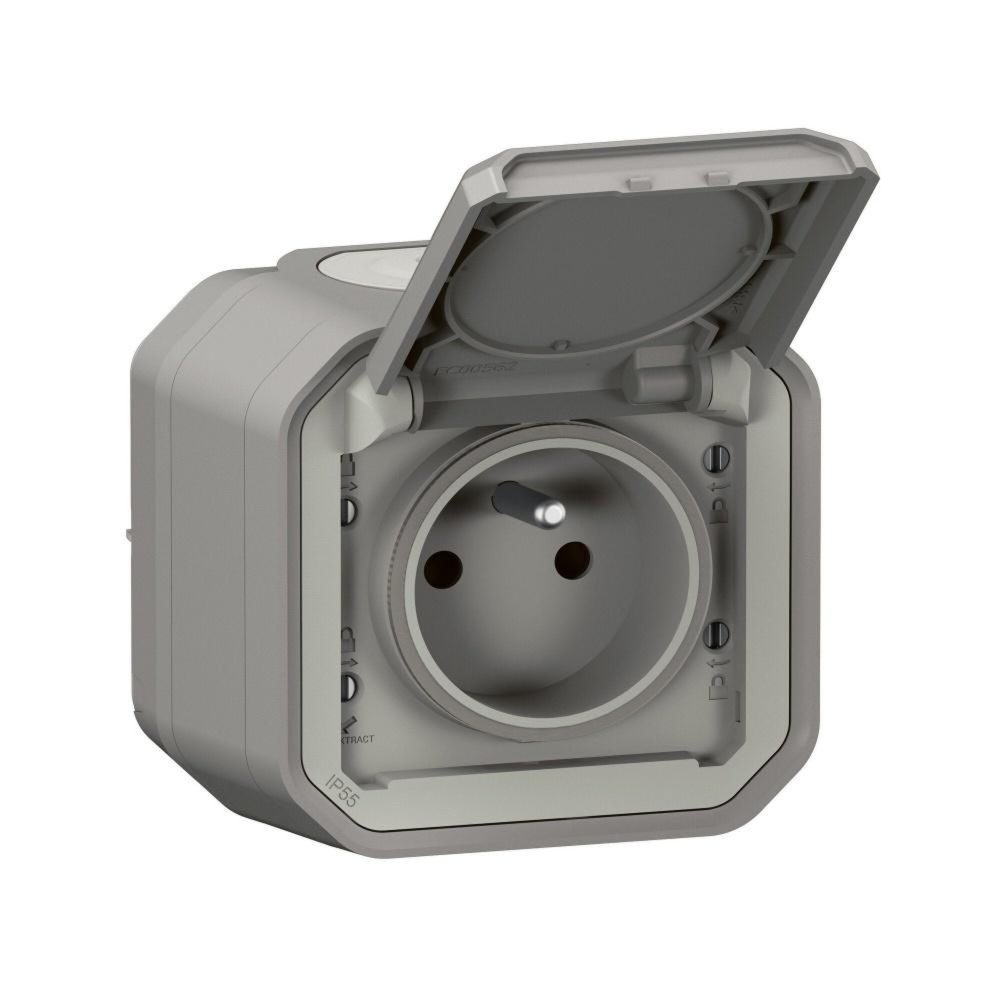Legrand Prise avec terre étanche saillie, complet, LEGRAND Plexo, gris