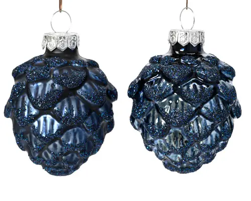 Extérieur sélection：Boîte de 12 pommes de pin en verre bleu nuit brillant et mat - Ø 5 x H 7 cm
