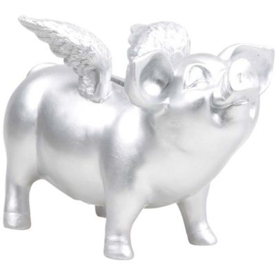 Tirelire cochon avec ailes en résine 14 x 25 x 15 cm (Argent)