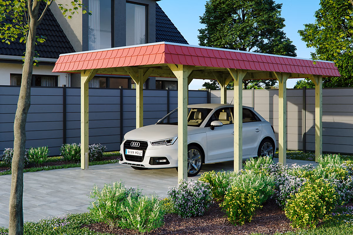 Carport SKAN HOLZ Spreewald 345 × 589cm | toit en aluminium – bandeau rouge – bois résineux imprégné vert
