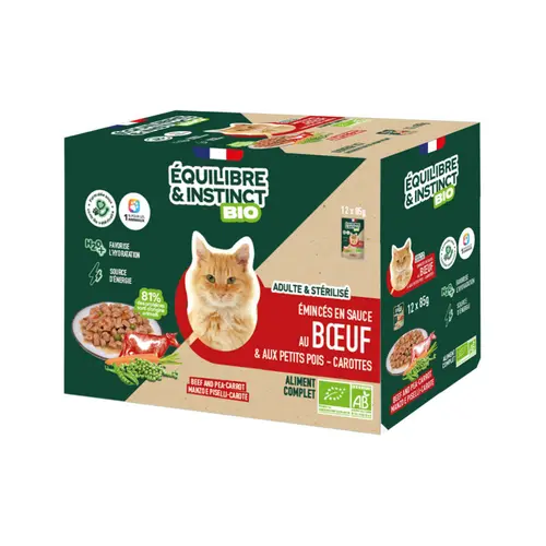 Nature extérieur:Aliment humide pour chat adulte bio bœuf petits pois carottes Équilibre & Instinct - 12 x 85 g