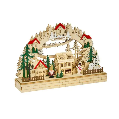 Un indispensable au jardin：Village de Noël alpin en bois naturel et rouge 12 LED sur piles - 27 x 10 x 40,5 cm