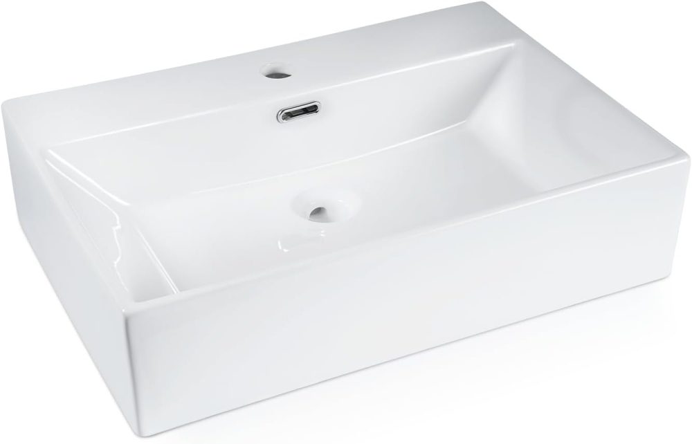 Nettlife Vasque de Salle de Bain en Céramique Blanche 60x42x15cm. Lavabo Rectangulaire à Poser ou Mural avec Trou de Robinet et Trop-Plein pour WC.