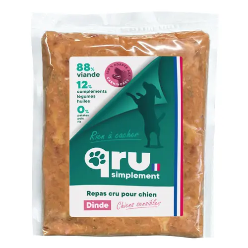 Idée extérieur：Aliment cru pour chien repas haché dinde Qru Simplement congelé - 900 g