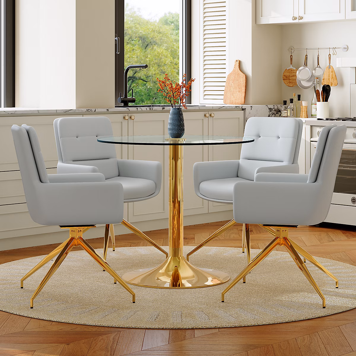 Ensemble table et chaise – Ensemble table à manger ronde 85 cm en verre et métal doré avec 4 chaises pivotantes