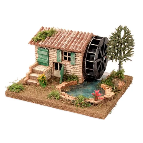 Facile à intégrer à l’extérieur:Moulin électrique avec lac et arbre coloris multicolore - 26 x 21 x 17 cm